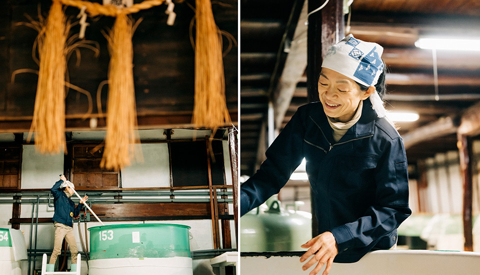 IMADA Miho prepares sake for brewing. It requires attention 24 hours a day because the rice’s temperature and water content affect the sake’s flavor. The entire process is grueling, but Imada says she enjoys it because it puts her in touch with nature’s beauty and there is no correct answer when it comes to sake brewing. MAE KOSUKE 