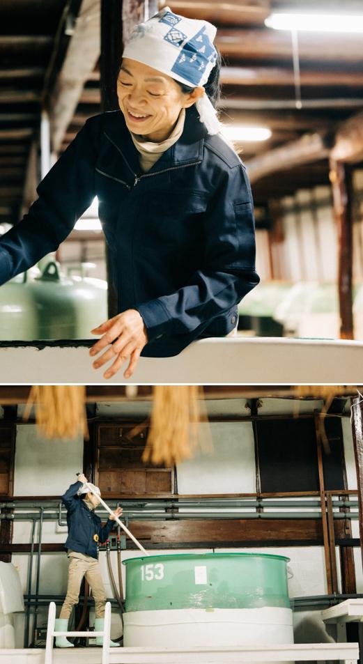 IMADA Miho prepares sake for brewing. It requires attention 24 hours a day because the rice’s temperature and water content affect the sake’s flavor. The entire process is grueling, but Imada says she enjoys it because it puts her in touch with nature’s beauty and there is no correct answer when it comes to sake brewing. MAE KOSUKE 