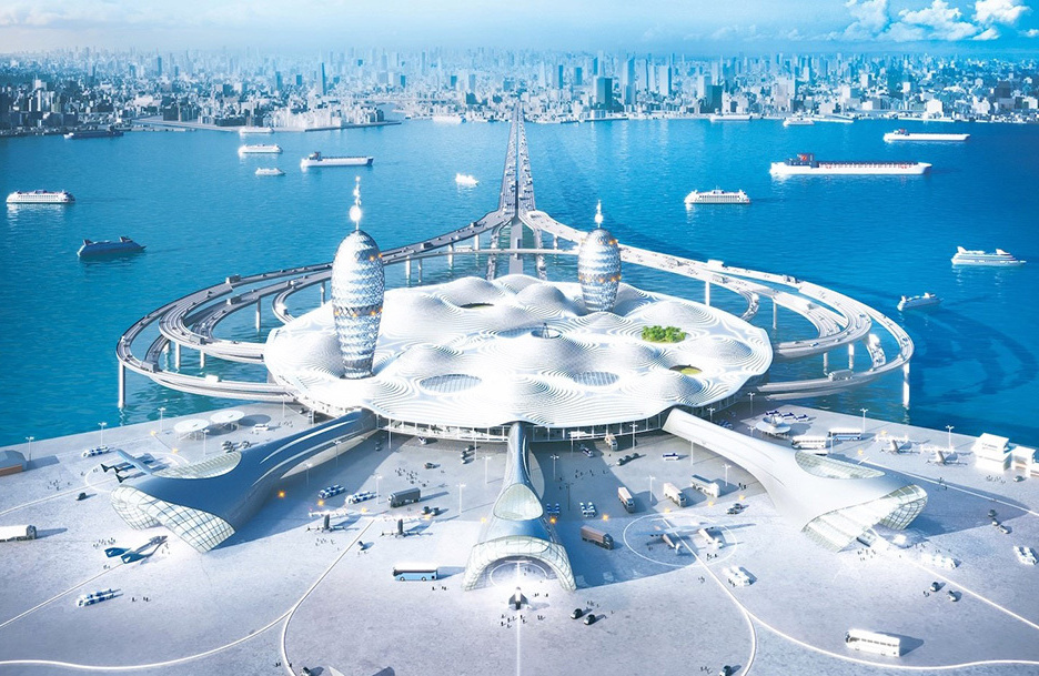 An image of a future spaceport in Japan, facing the sea. ©2020 CANARIA, DENTSU, NOIZ, SPACE PORT JAPAN ASSOCIATION.