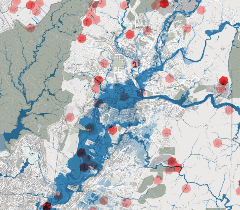 A map of an area adjacent to Metro Manila that visualizes places where people in poverty lives, vulnerable to flooding and other disasters.