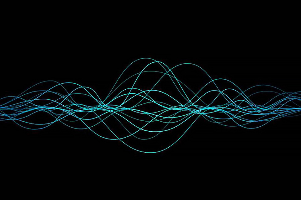 It is depicted as intertwining light blue lines against a black background.