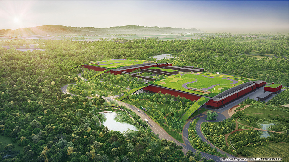 An image of a large, modern Rapidus plant in Chitose City, Hokkaido Prefecture, surrounded by lush greenery.