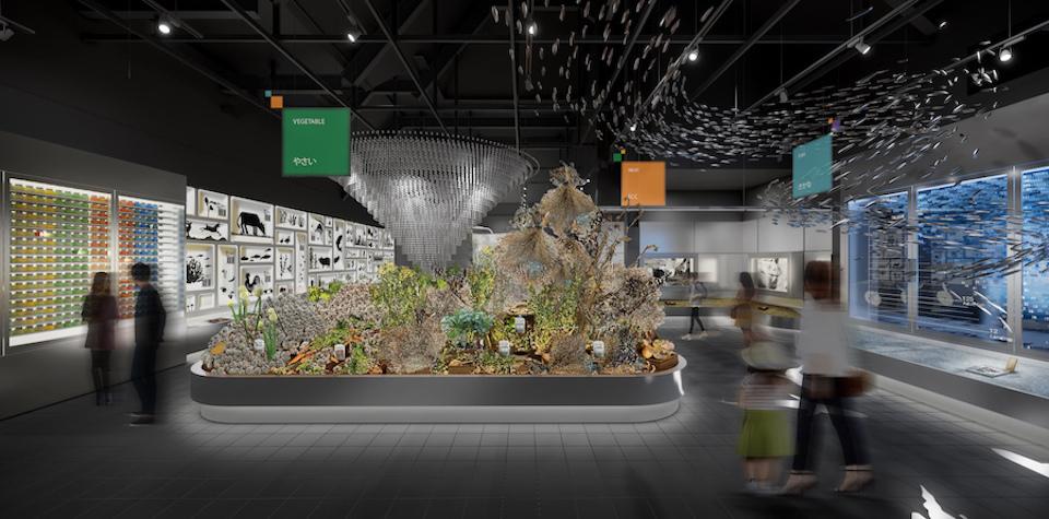 the EARTH MART pavilion's "Marketplace of Life" area visualizes human food consumption creatively. 