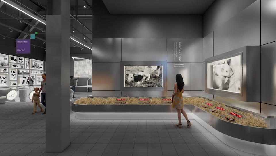 Illustration of a section of the Earth Mart pavilion, showcasing on farm animals' lives.