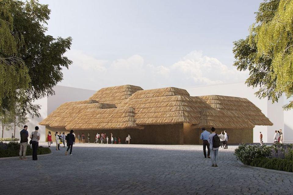 Illustration of the EARTH MART pavilion, featuring a rice straw thatched roof, reflecting traditional Japanese rural area.