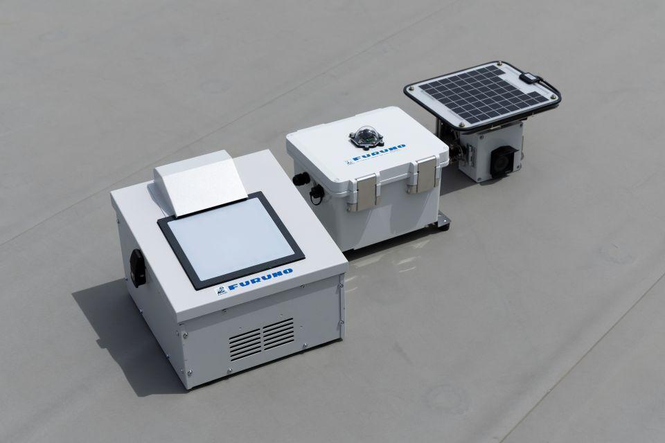 A line up of three devices: a microwave radiometer, a camera that captures full-sky cloud images, and a camera that monitors river levels