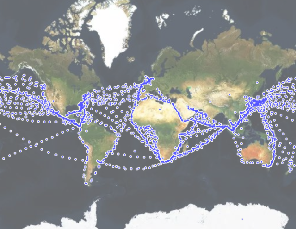 A topographical map showing the many routes of a cargo ship sailing worldwide