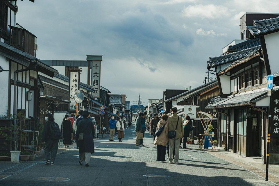 A street in Mino City, lined with traditional Japanese buildings and dotted with people walking